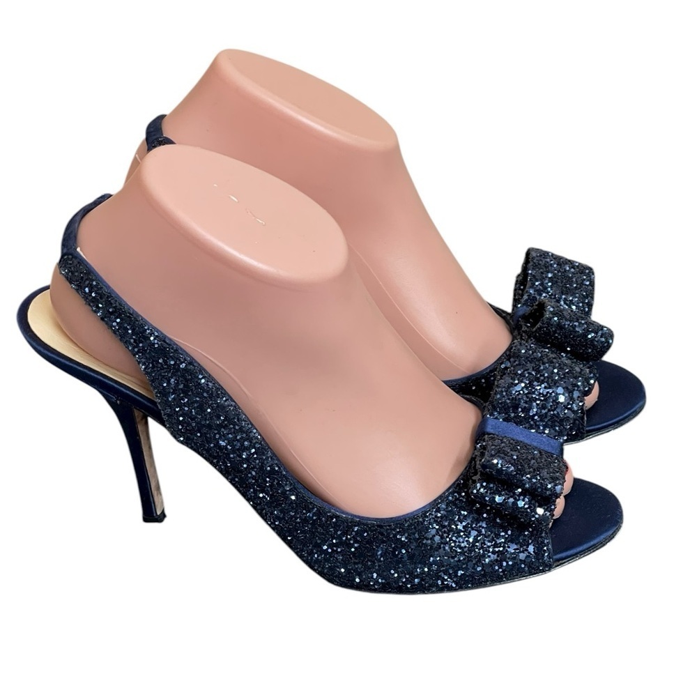Kate Spade"Charm" Blue Glitter Slingback Bow Peep Toe Pumps
Heels Size 8.5B - Picture 4 of 14